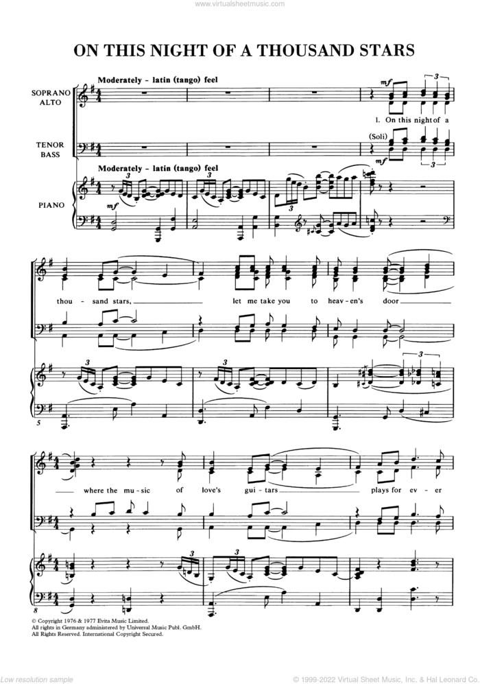 On This Night Of A Thousand Stars sheet music for choir (SATB: soprano, alto, tenor, bass) by Andrew Lloyd Webber and Tim Rice, intermediate skill level