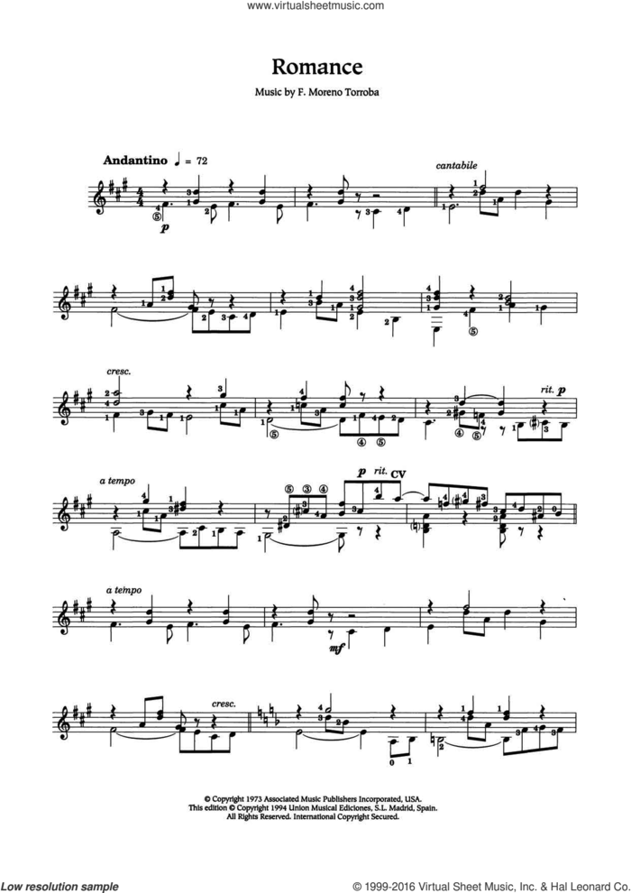Romance sheet music for guitar solo (chords) by Federico Moreno Torroba, classical score, easy guitar (chords)