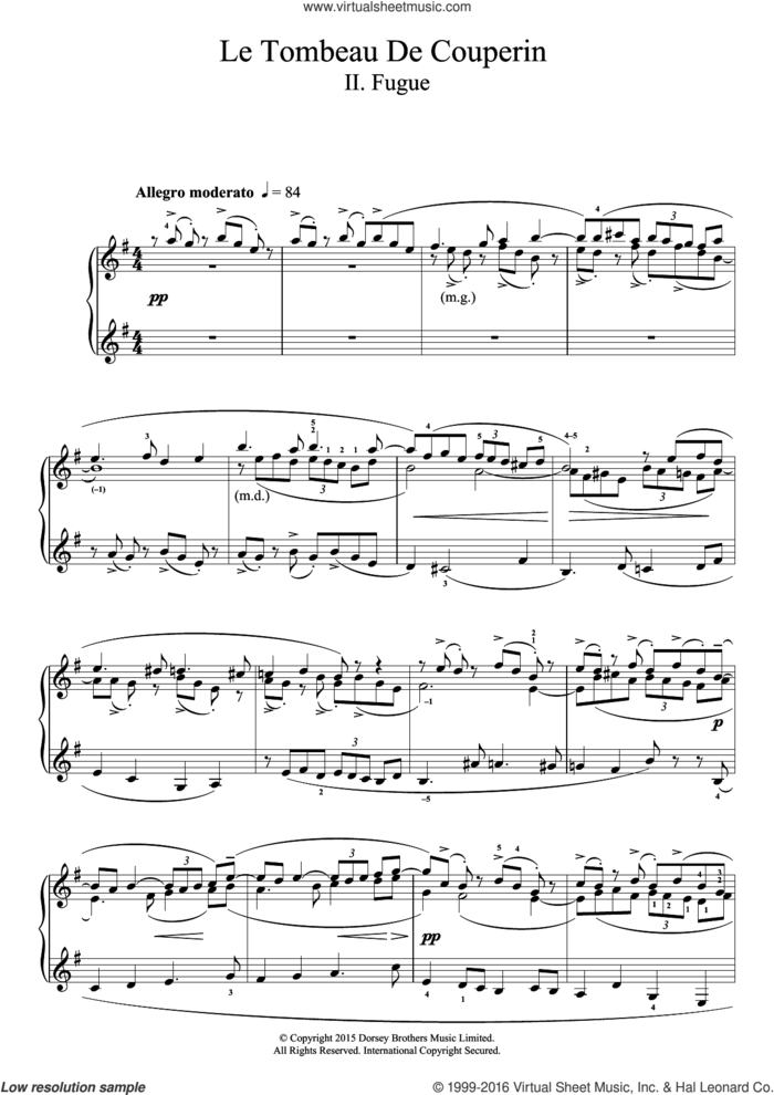 Le Tombeau De Couperin - II. Fugue sheet music for piano solo by Maurice Ravel, classical score, intermediate skill level