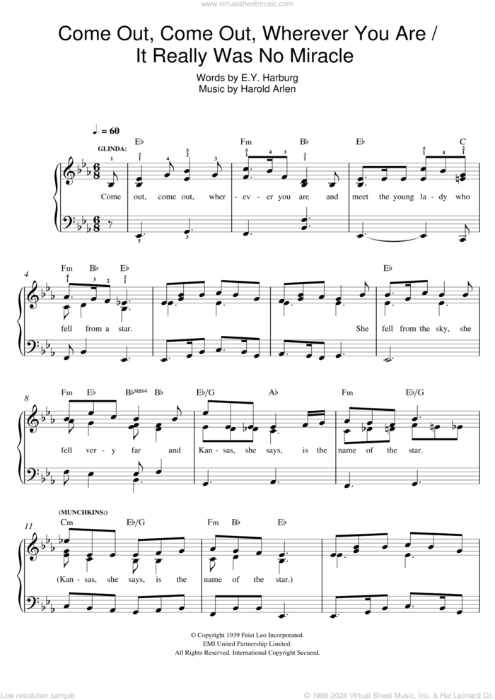 Come Out, Come Out, Wherever You Are sheet music for piano solo by Harold Arlen and E.Y. Harburg, easy skill level