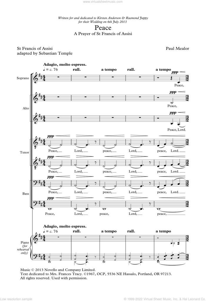 Peace sheet music for choir (SAATTBB) by Paul Mealor, Sebastian Temple and St Francis of Assisi, classical score, intermediate skill level