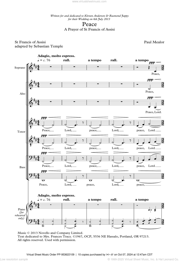 Peace sheet music for choir (SAATTBB) by Paul Mealor, Sebastian Temple and St Francis of Assisi, classical score, intermediate skill level