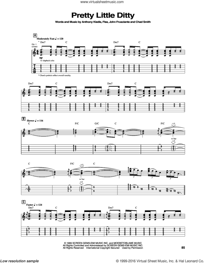 Pretty Little Ditty sheet music for guitar (tablature) by Red Hot Chili Peppers, Anthony Kiedis, Chad Smith, Flea and John Frusciante, intermediate skill level