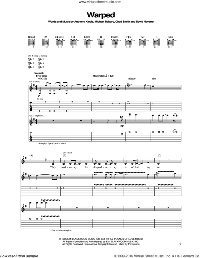 Warped sheet music for guitar (tablature) by Red Hot Chili Peppers, Anthony Kiedis, Chad Smith, David Navarro and Flea, intermediate skill level