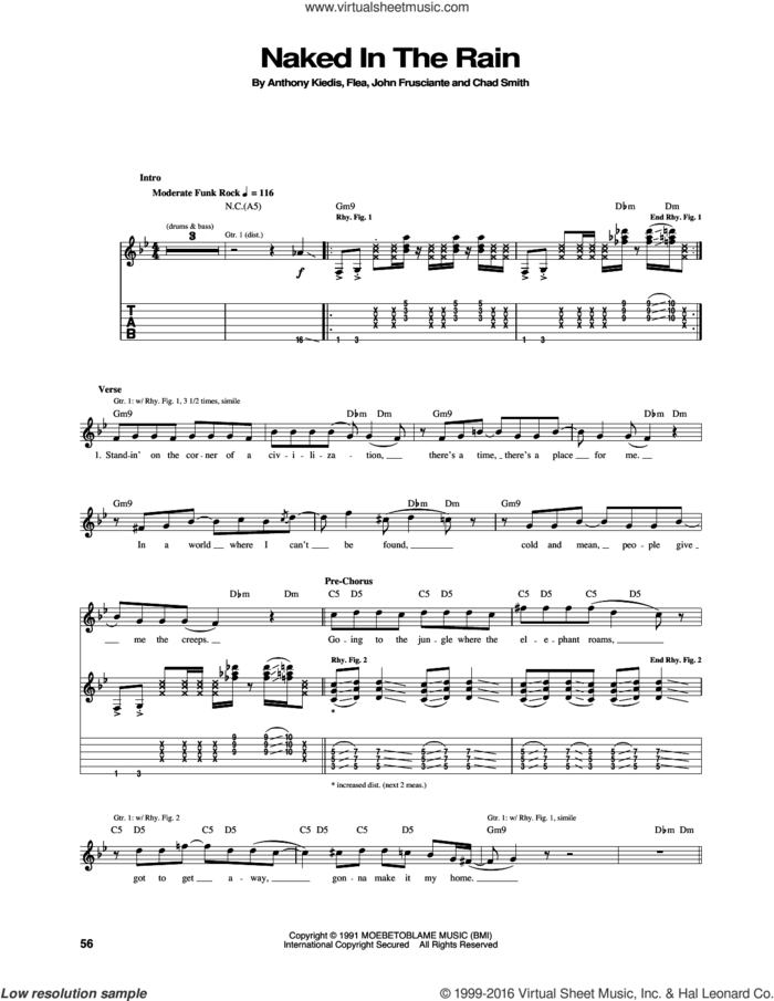 Naked In The Rain sheet music for guitar (tablature) by Red Hot Chili Peppers, Anthony Kiedis, Chad Smith, Flea and John Frusciante, intermediate skill level