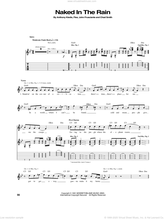 Naked In The Rain sheet music for guitar (tablature) by Red Hot Chili Peppers, Anthony Kiedis, Chad Smith, Flea and John Frusciante, intermediate skill level