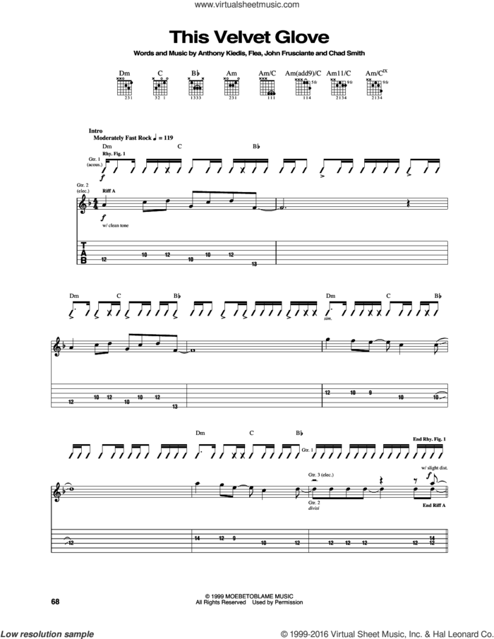 This Velvet Glove sheet music for guitar (tablature) by Red Hot Chili Peppers, Anthony Kiedis, Chad Smith, Flea and John Frusciante, intermediate skill level