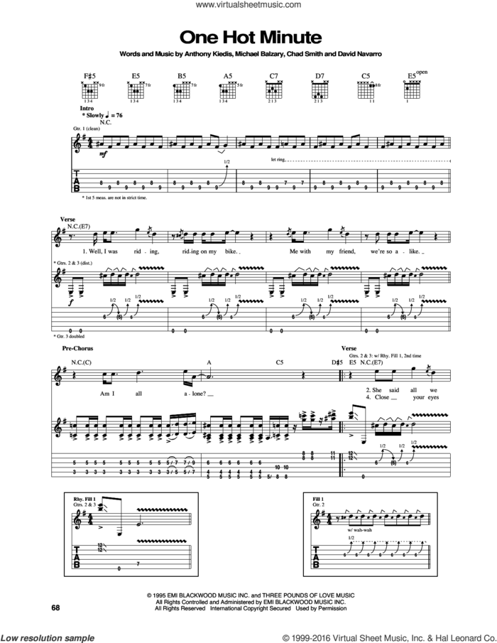 One Hot Minute sheet music for guitar (tablature) by Red Hot Chili Peppers, Anthony Kiedis, Chad Smith, David Navarro and Flea, intermediate skill level