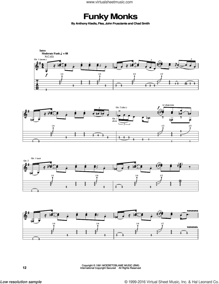 Funky Monks sheet music for guitar (tablature) by Red Hot Chili Peppers, Anthony Kiedis, Chad Smith, Flea and John Frusciante, intermediate skill level