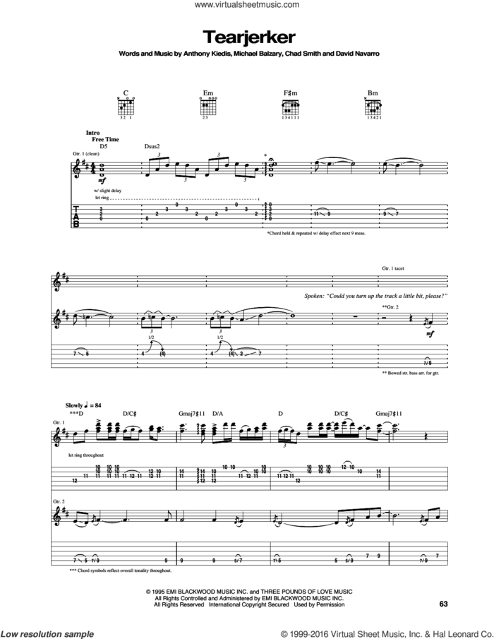 Tearjerker sheet music for guitar (tablature) by Red Hot Chili Peppers, Anthony Kiedis, Chad Smith, David Navarro and Flea, intermediate skill level