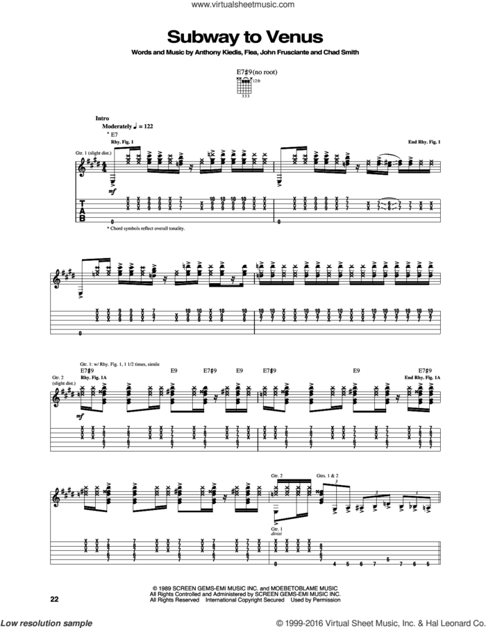 Subway To Venus sheet music for guitar (tablature) by Red Hot Chili Peppers, Anthony Kiedis, Chad Smith, Flea and John Frusciante, intermediate skill level