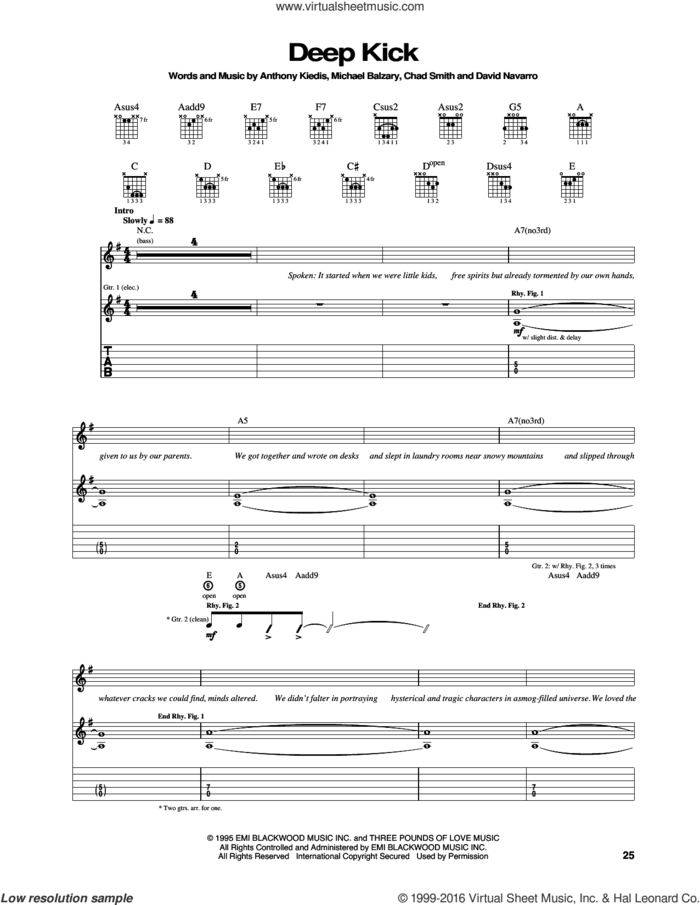 Deep Kick sheet music for guitar (tablature) by Red Hot Chili Peppers, Anthony Kiedis, Chad Smith, David Navarro and Flea, intermediate skill level