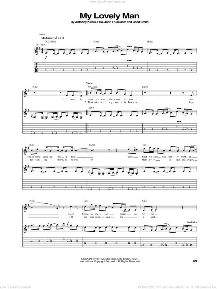 My Lovely Man sheet music for guitar (tablature) by Red Hot Chili Peppers, Anthony Kiedis, Chad Smith, Flea and John Frusciante, intermediate skill level