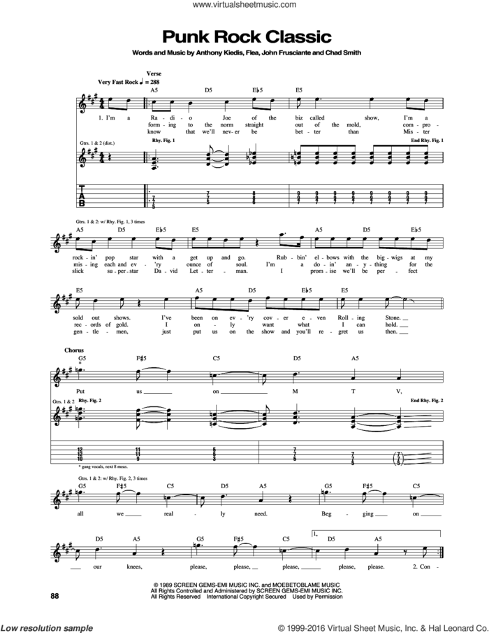 Punk Rock Classic sheet music for guitar (tablature) by Red Hot Chili Peppers, Anthony Kiedis, Chad Smith, Flea and John Frusciante, intermediate skill level