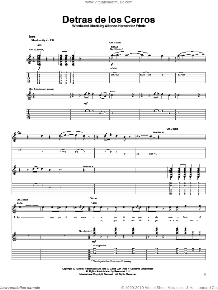 Detras De Los Cerros sheet music for guitar (tablature) by Jaguares and Alfonso Hernandez Estrada, intermediate skill level