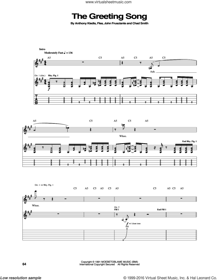 The Greeting Song sheet music for guitar (tablature) by Red Hot Chili Peppers, Anthony Kiedis, Chad Smith, Flea and John Frusciante, intermediate skill level