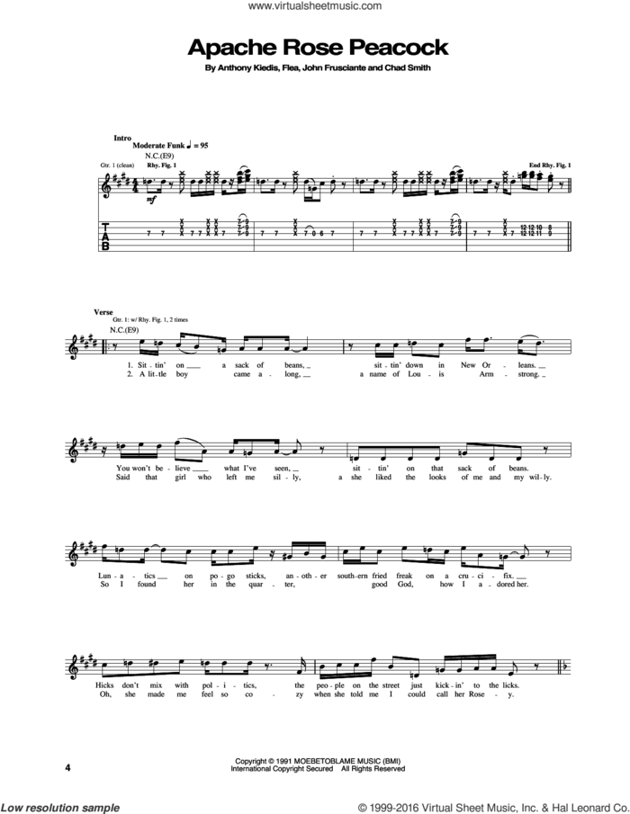 Apache Rose Peacock sheet music for guitar (tablature) by Red Hot Chili Peppers, Anthony Kiedis, Chad Smith, Flea and John Frusciante, intermediate skill level