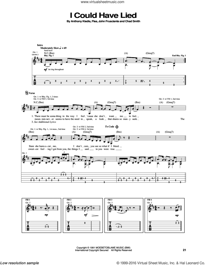 I Could Have Lied sheet music for guitar (tablature) by Red Hot Chili Peppers, Anthony Kiedis, Chad Smith, Flea and John Frusciante, intermediate skill level