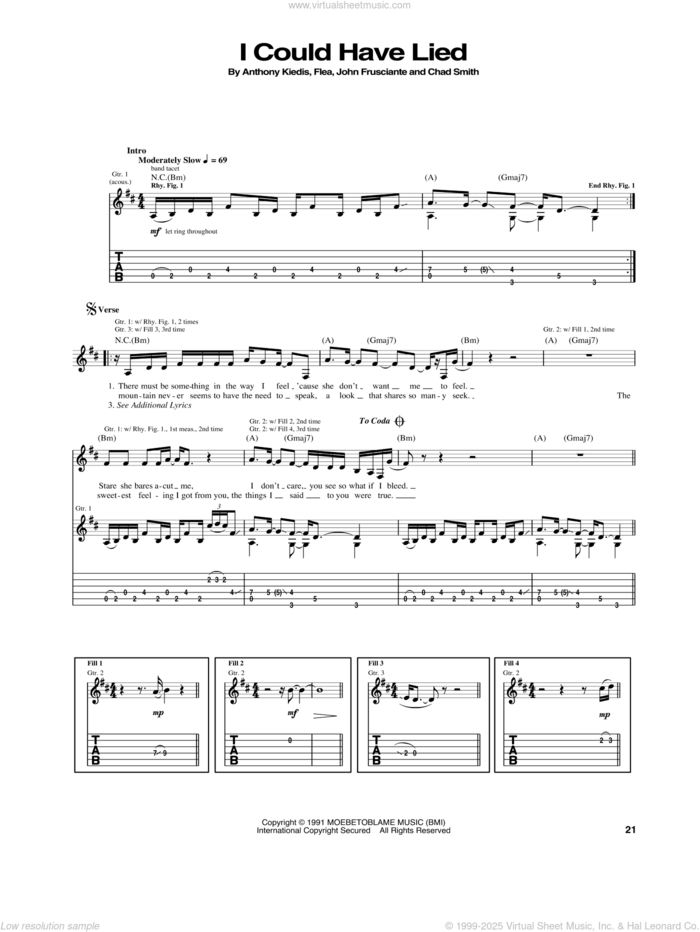 I Could Have Lied sheet music for guitar (tablature) by Red Hot Chili Peppers, Anthony Kiedis, Chad Smith, Flea and John Frusciante, intermediate skill level