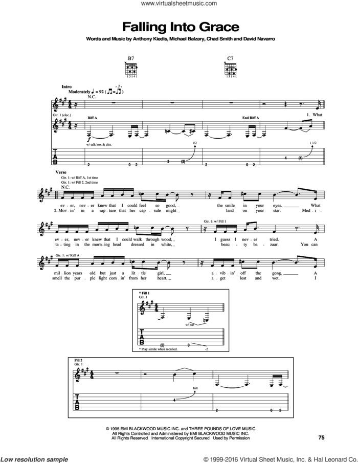 Falling Into Grace sheet music for guitar (tablature) by Red Hot Chili Peppers, Anthony Kiedis, Chad Smith, David Navarro and Flea, intermediate skill level
