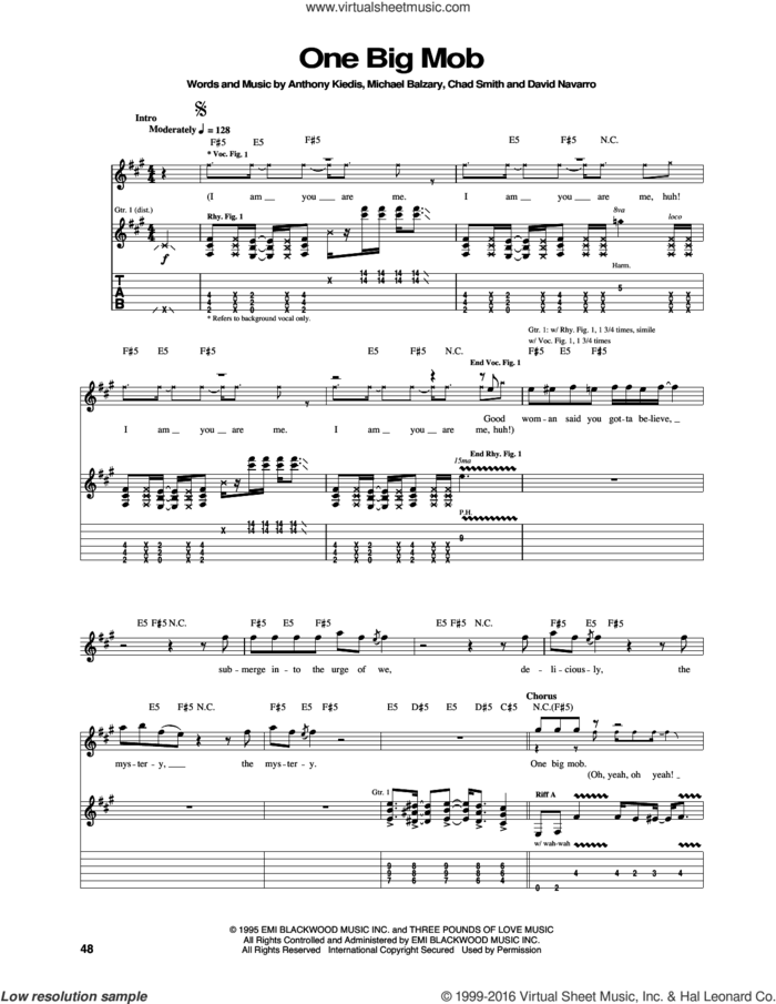 One Big Mob sheet music for guitar (tablature) by Red Hot Chili Peppers, Anthony Kiedis, Chad Smith, David Navarro and Flea, intermediate skill level