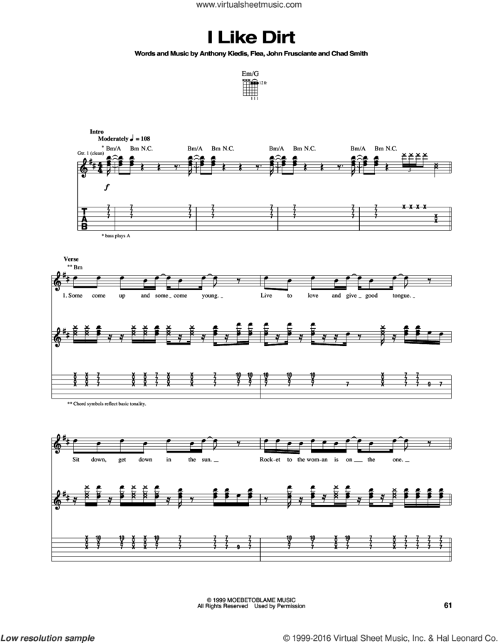 I Like Dirt sheet music for guitar (tablature) by Red Hot Chili Peppers, Anthony Kiedis, Chad Smith, Flea and John Frusciante, intermediate skill level