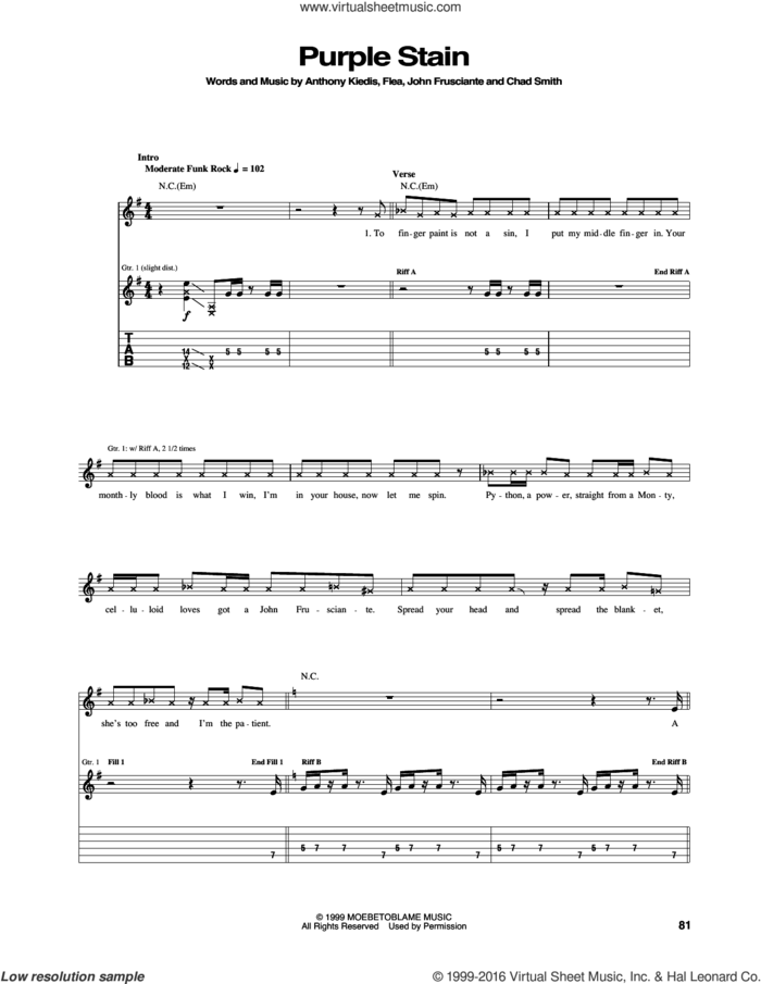 Purple Stain sheet music for guitar (tablature) by Red Hot Chili Peppers, Anthony Kiedis, Chad Smith, Flea and John Frusciante, intermediate skill level