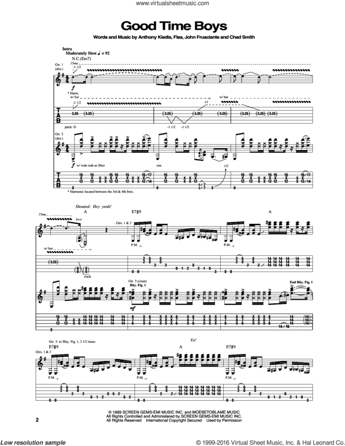 Good Time Boys sheet music for guitar (tablature) by Red Hot Chili Peppers, Anthony Kiedis, Chad Smith, Flea and John Frusciante, intermediate skill level