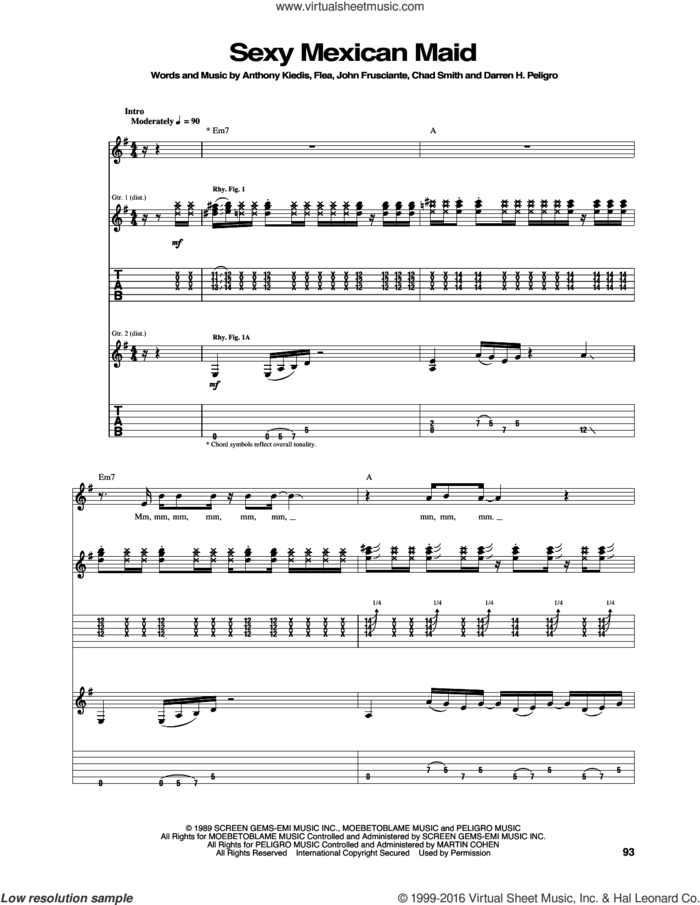 Sexy Mexican Maid sheet music for guitar (tablature) by Red Hot Chili Peppers, Anthony Kiedis, Chad Smith, Darren H. Peligro, Flea and John Frusciante, intermediate skill level