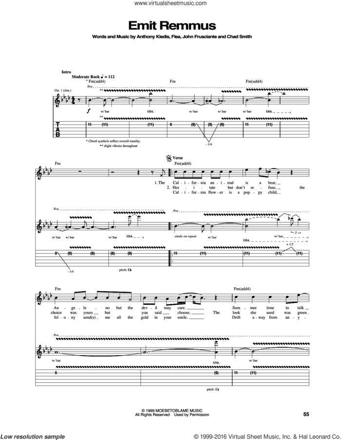 Emit Remmus sheet music for guitar (tablature) by Red Hot Chili Peppers, Anthony Kiedis, Chad Smith, Flea and John Frusciante, intermediate skill level