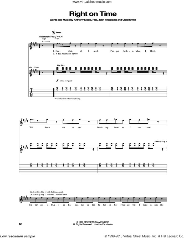 Right On Time sheet music for guitar (tablature) by Red Hot Chili Peppers, Anthony Kiedis, Chad Smith, Flea and John Frusciante, intermediate skill level