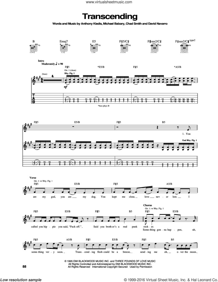 Transcending sheet music for guitar (tablature) by Red Hot Chili Peppers, Anthony Kiedis, Chad Smith, David Navarro and Flea, intermediate skill level