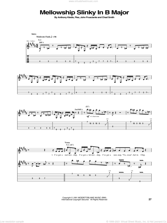 Mellowship Slinky In B Major sheet music for guitar (tablature) by Red Hot Chili Peppers, Anthony Kiedis, Chad Smith, Flea and John Frusciante, intermediate skill level