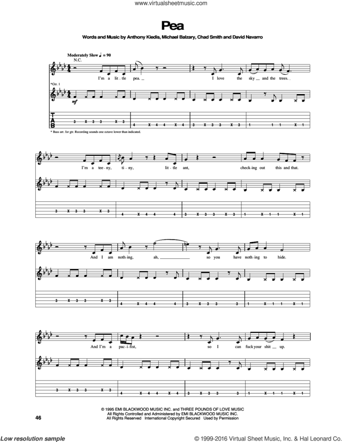 Pea sheet music for guitar (tablature) by Red Hot Chili Peppers, Anthony Kiedis, Chad Smith, David Navarro and Flea, intermediate skill level
