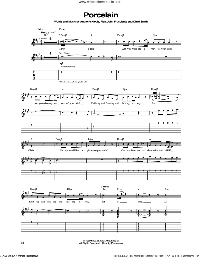 Porcelain sheet music for guitar (tablature) by Red Hot Chili Peppers, Anthony Kiedis, Chad Smith, Flea and John Frusciante, intermediate skill level