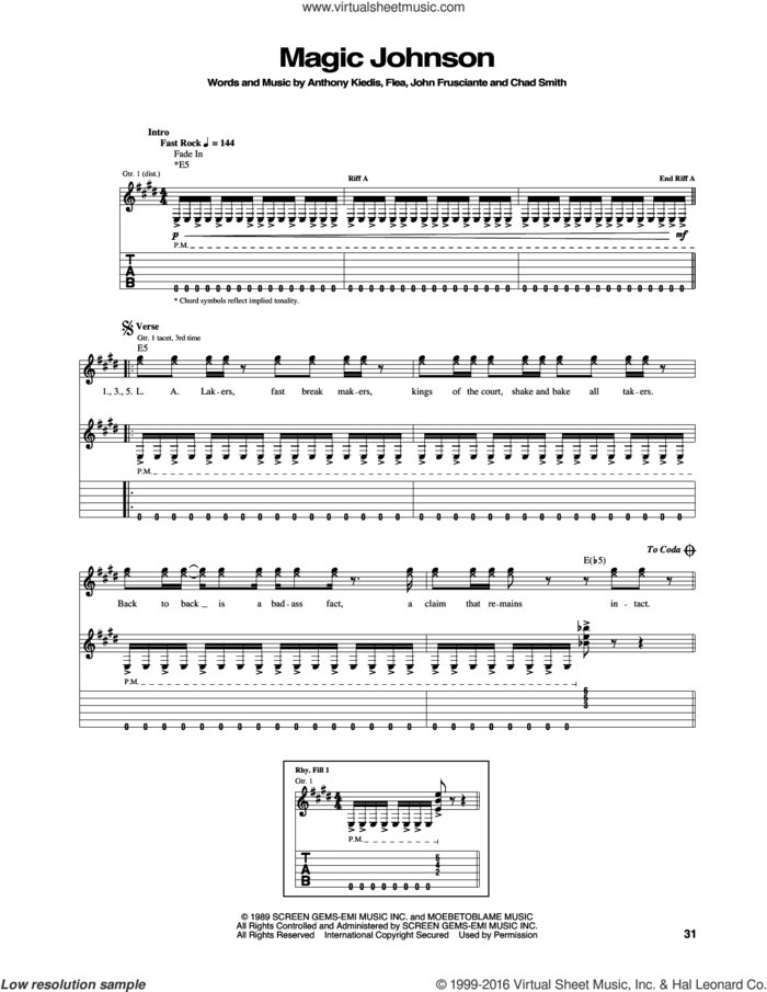 Magic Johnson sheet music for guitar (tablature) by Red Hot Chili Peppers, Anthony Kiedis, Chad Smith, Flea and John Frusciante, intermediate skill level