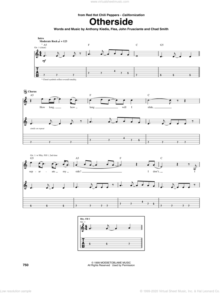 Otherside sheet music for guitar (tablature) by Red Hot Chili Peppers, Anthony Kiedis, Chad Smith, Flea and John Frusciante, intermediate skill level