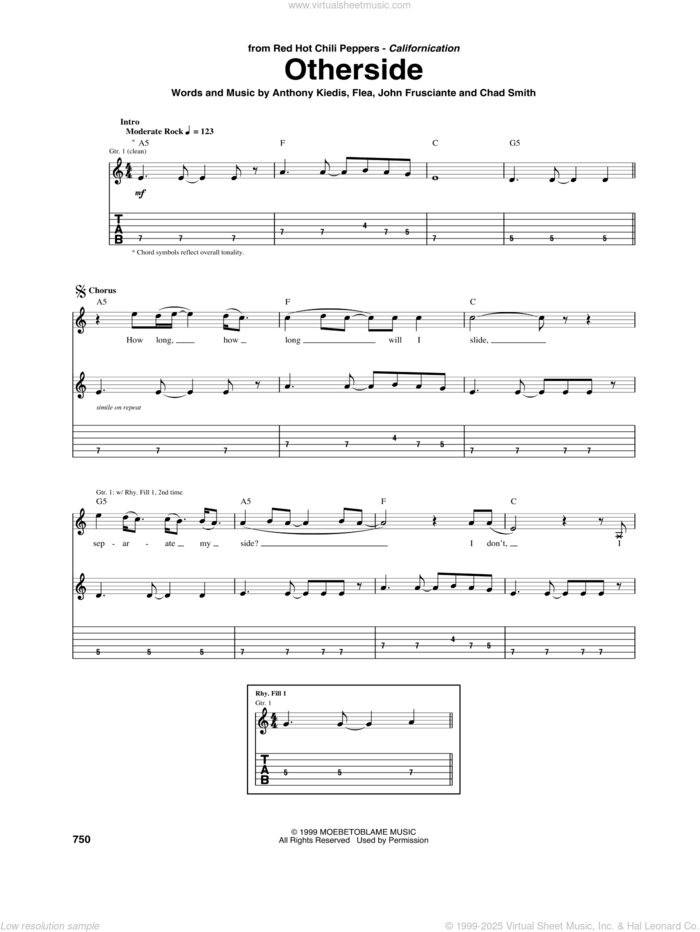 Otherside sheet music for guitar (tablature) by Red Hot Chili Peppers, Anthony Kiedis, Chad Smith, Flea and John Frusciante, intermediate skill level