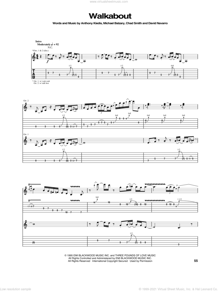 Walkabout sheet music for guitar (tablature) by Red Hot Chili Peppers, Anthony Kiedis, Chad Smith, David Navarro and Flea, intermediate skill level
