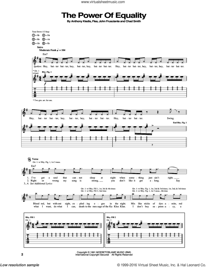 The Power Of Equality sheet music for guitar (tablature) by Red Hot Chili Peppers, Anthony Kiedis, Chad Smith, Flea and John Frusciante, intermediate skill level