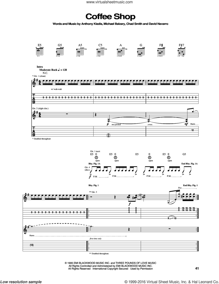 Coffee Shop sheet music for guitar (tablature) by Red Hot Chili Peppers, Anthony Kiedis, Chad Smith, David Navarro and Flea, intermediate skill level