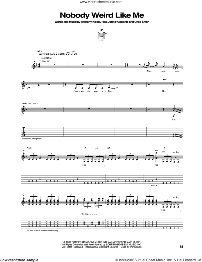 Nobody Weird Like Me sheet music for guitar (tablature) by Red Hot Chili Peppers, Anthony Kiedis, Chad Smith, Flea and John Frusciante, intermediate skill level