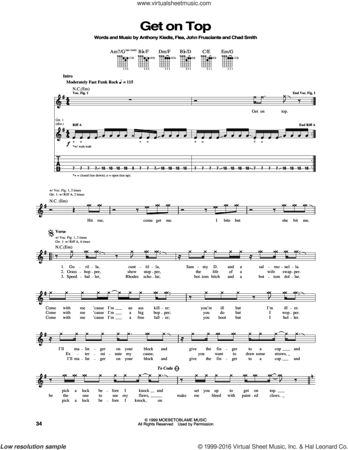 Get On Top sheet music for guitar (tablature) by Red Hot Chili Peppers, Anthony Kiedis, Chad Smith, Flea and John Frusciante, intermediate skill level