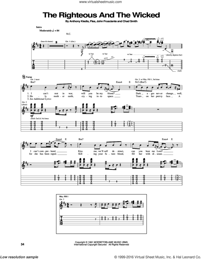 The Righteous And The Wicked sheet music for guitar (tablature) by Red Hot Chili Peppers, Anthony Kiedis, Chad Smith, Flea and John Frusciante, intermediate skill level