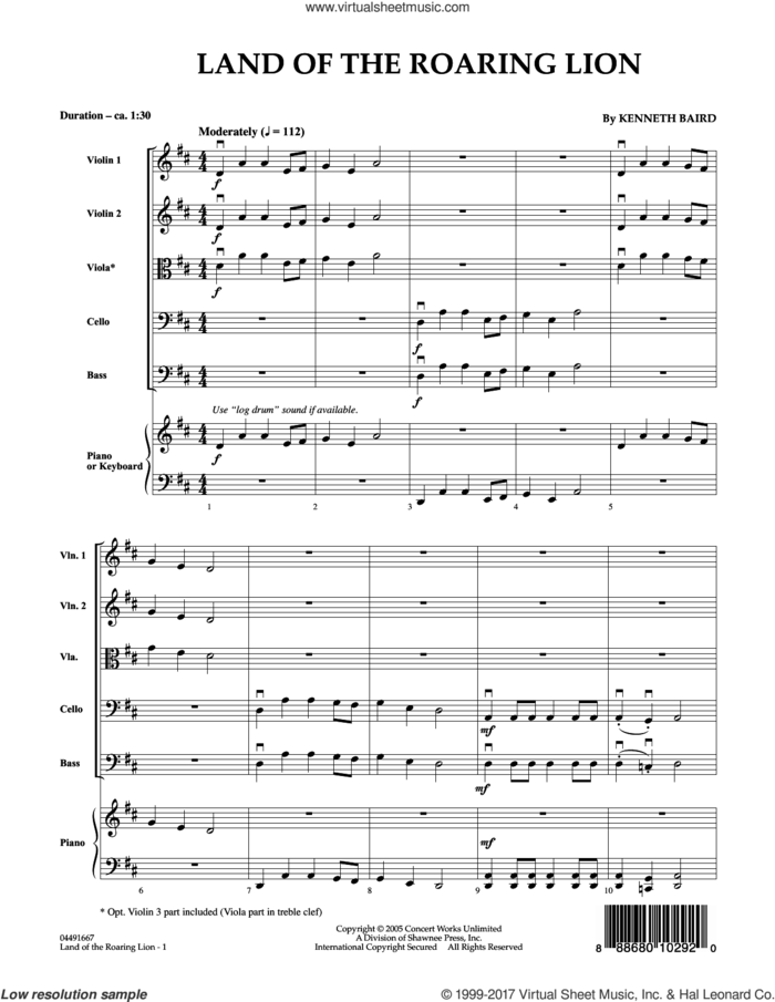 Land of the Roaring Lion (COMPLETE) sheet music for orchestra by Kenneth Baird, intermediate skill level
