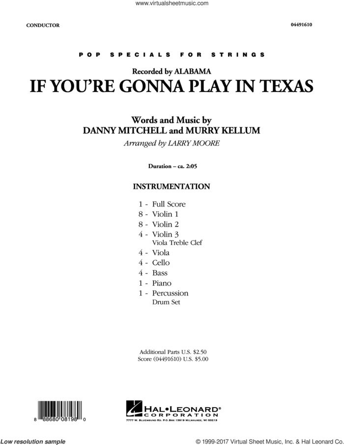 If You're Gonna Play in Texas (You Gotta Have a Fiddle in the Band) (COMPLETE) sheet music for orchestra by Larry Moore, Alabama, Dan Mitchell, Danny Mitchell and Murry Kellum, intermediate skill level