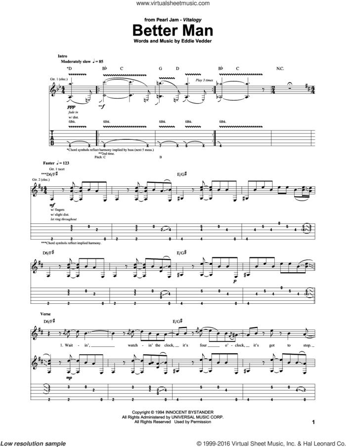 Better Man sheet music for guitar (tablature) by Pearl Jam and Eddie Vedder, intermediate skill level