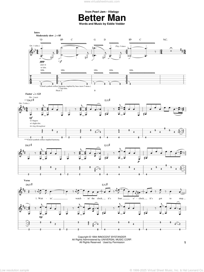 Better Man sheet music for guitar (tablature) by Pearl Jam and Eddie Vedder, intermediate skill level