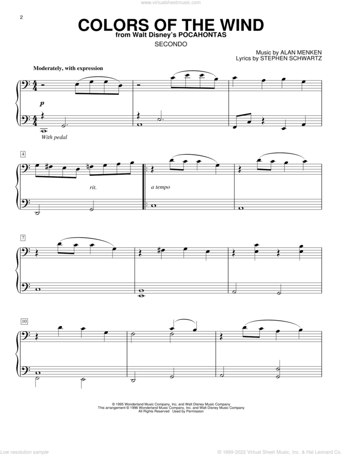 Colors Of The Wind sheet music for piano four hands by Alan Menken and Stephen Schwartz, intermediate skill level