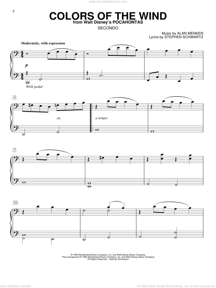 Colors Of The Wind (from Pocahontas) sheet music for piano four hands by Vanessa Williams, Alan Menken and Stephen Schwartz, intermediate skill level